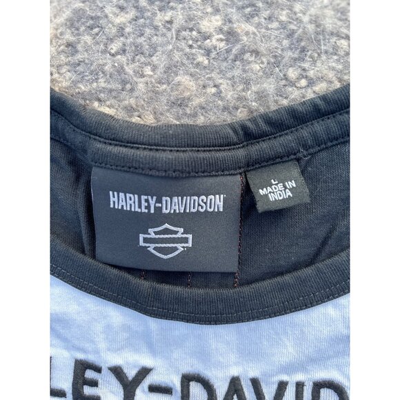 Harley-Davidson Womens Black Tee Embroidered Logo Print Size L Motorcycle Sport - Picture 7 of 9